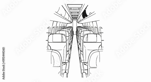 A stark black and white line drawing of an empty airplane cabin interior