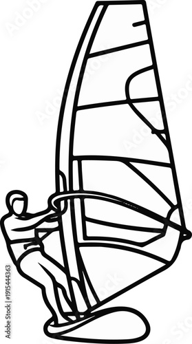 A simple line drawing of a person windsurfing on a body of water