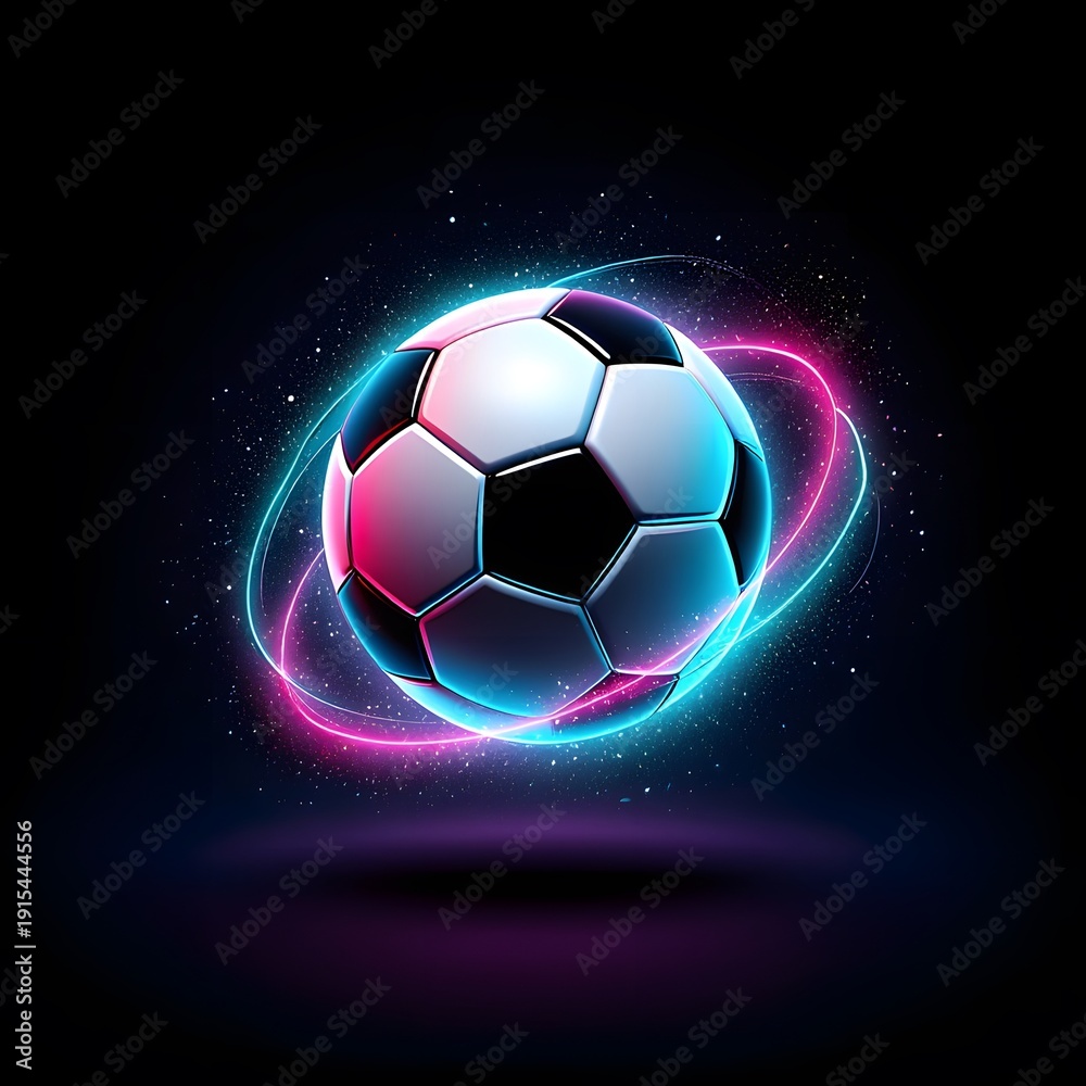 Fototapeta premium Dynamic Neon Soccer Ball with Vibrant Pink and Blue Light Rings