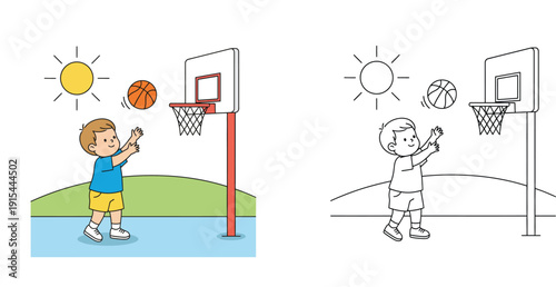 Little Boy Playing Basketball Outdoor on a Sunny Day Illustration with Coloring Page Version for Kids Activities and Educational Coloring Book