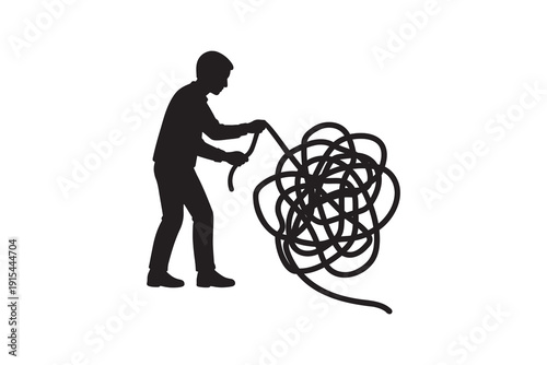Man untangling a mess of rope silhouette illustration - Silhouette of a person solving a complex problem