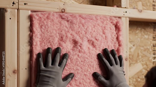 Construction Worker Installing Pink Fiberglass Insulation Between Wooden Wall Studs for Home Building and Energy Efficiency