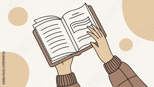 Two hands holding an open book, with one page featuring highlighted text. The person is wearing a brown long-sleeve garment, and the background has soft beige circular shapes, giving it a calm.