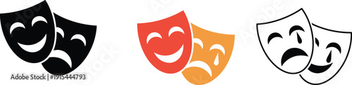 Theater masks icons set, comedy and tragedy drama symbols vector illustration isolated on white background