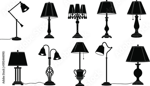 Black silhouette table lamp collection, decorative lighting vector illustration, home interior design concept, modern and traditional lamp styles, furniture decor icon set