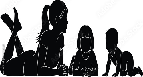 Silhouette of a Woman and Two Children Lying on the Ground
