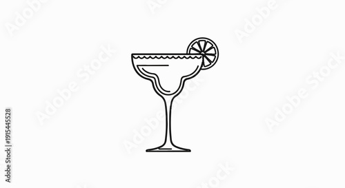 A simple black and white outline of a margarita glass with a lemon slice