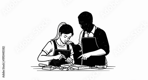 A man teaches a young woman woodworking skills at a bench