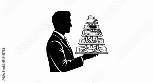 A man in a suit offers a tiered tower of various cheeses and grapes