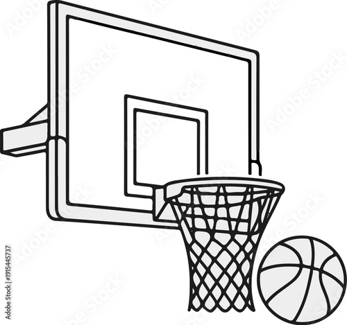 A simplified line drawing depicts a basketball hoop with a net and ball