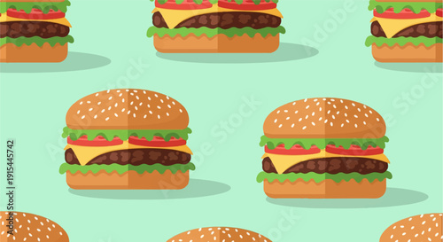 A repeating pattern of stylized hamburgers on a light green background