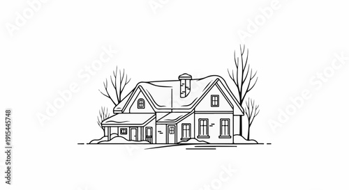 A simplified line drawing of a snow-covered house with bare trees in winter