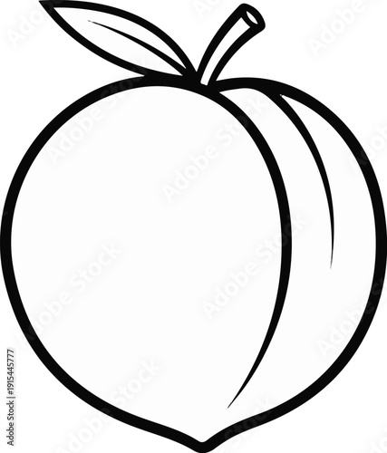 A simple black and white outline drawing of a ripe peach with two leaves