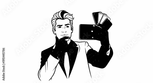 A man in a suit and tie holds several mobile phones