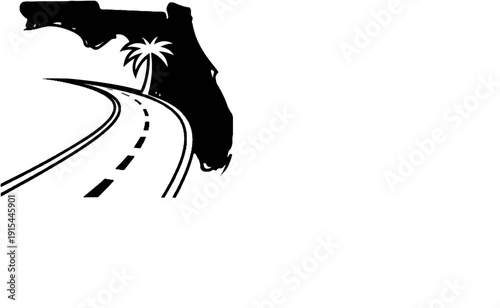 A road curves through the outline of a state, featuring a palm tree