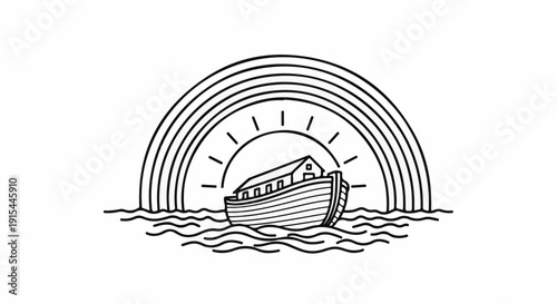 A simple line drawing depicts Noah's ark sailing on wavy water under a rainbow and sun
