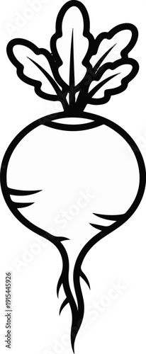 A simple line drawing of a beet with green leaves and roots