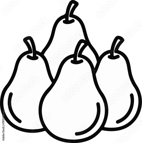 A simple line drawing features four ripe pears clustered together in a pyramid