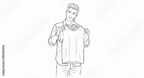 A man displays a t-shirt on a hanger, presenting apparel