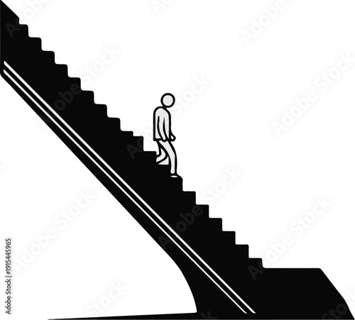 A simplistic graphic depicts a person descending stairs against a white background