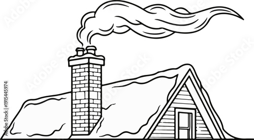A snowy rooftop with a brick chimney emitting billowing smoke