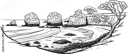 A stark, black-and-white illustration of a coastal scene with rocks, trees, and a sandy beach