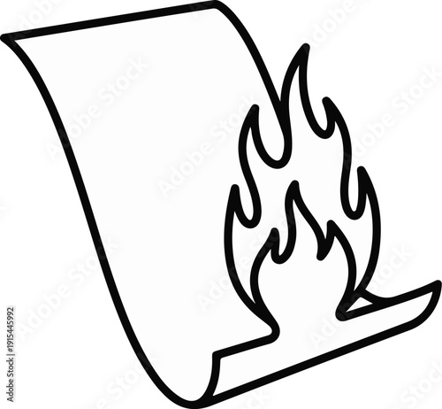 A simple line drawing depicts a rolled document engulfed in flames