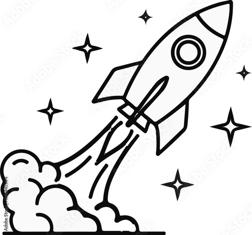 A rocket ascends with fiery exhaust against a starry sky