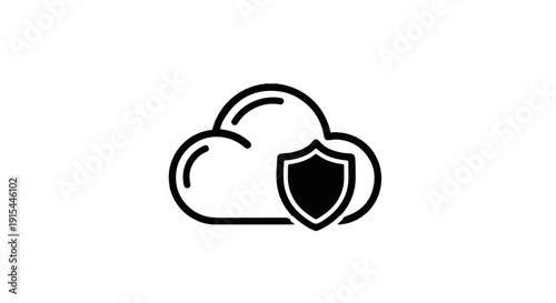 A simple line art icon of a cloud with a shield in front