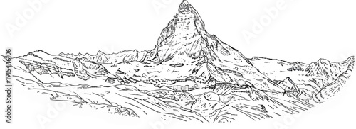 A majestic, snow-capped mountain dominates the center of a dramatic, rugged landscape