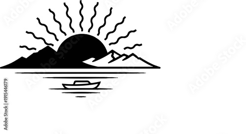 A minimalist depiction of a sunrise over mountains, with a boat on the water