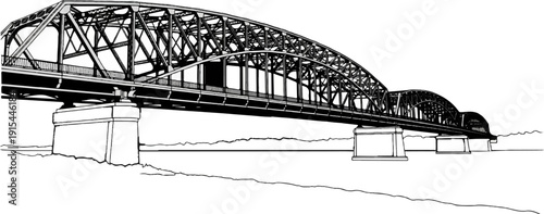 A long, arched metal truss bridge with multiple spans, supported by concrete piers
