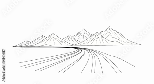 A stark, line-drawn vista features curved railroad tracks leading toward a range of jagged mountains
