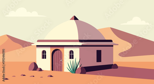 A solitary dwelling sits amidst rolling desert dunes under a pale sky