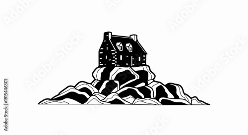 A starkly illustrated house sits atop a rocky, undulating mound