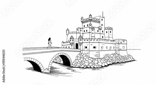 A solitary figure walks across a stone bridge toward a formidable stone fortress on the water