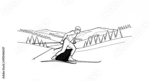 A lone skier glides across a snow-covered landscape with pine trees