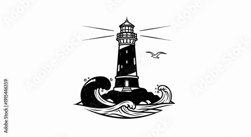 A solitary lighthouse stands tall amidst crashing waves, a lone bird soars above