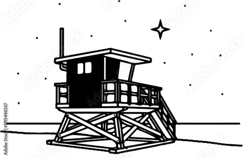 A solitary lifeguard tower stands silhouetted against a starry night sky