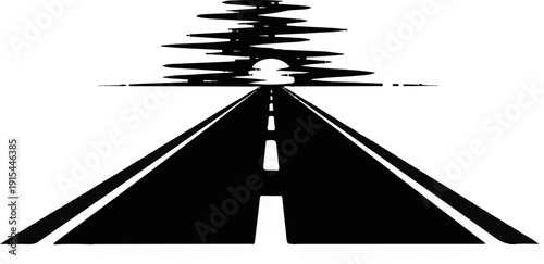 A solitary road stretches towards a sun partially obscured by fragmented clouds