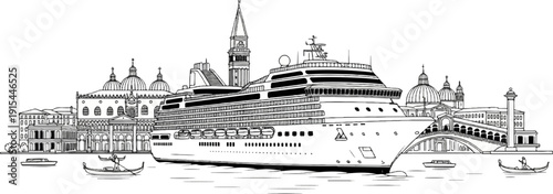 A large cruise ship docked in a city with iconic domes, a tall tower, and a bridge
