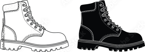 Professional Work Boots Vector Set Featuring Line Art and Black Silhouette Designs for Construction Safety, Industrial Footwear, Outdoor Apparel, and Protective Gear
