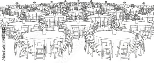 A large banquet hall is set up with many round tables and chairs