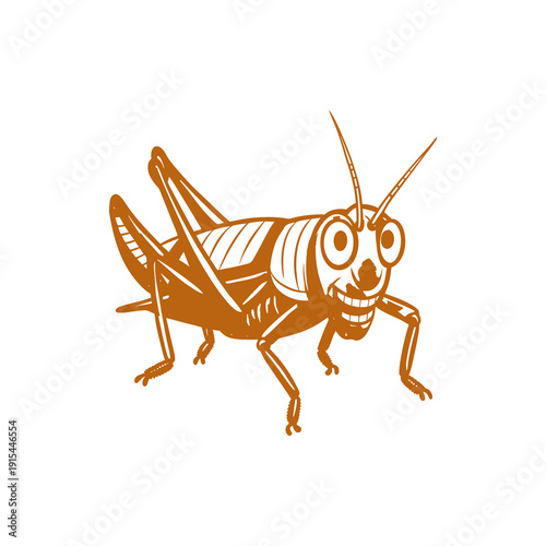 A stylized, cartoonish illustration of a grasshopper with large, expressive eyes and a wide grin.