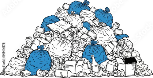 A large pile of trash bags, cans, bottles, and boxes