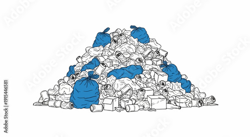A large pile of assorted trash, including cans, boxes, and blue garbage bags