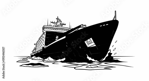 A large ship navigates through ice floes, with jagged ice chunks visible