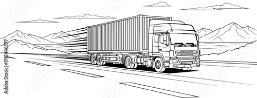 A large truck travels down a highway past mountains and a lake