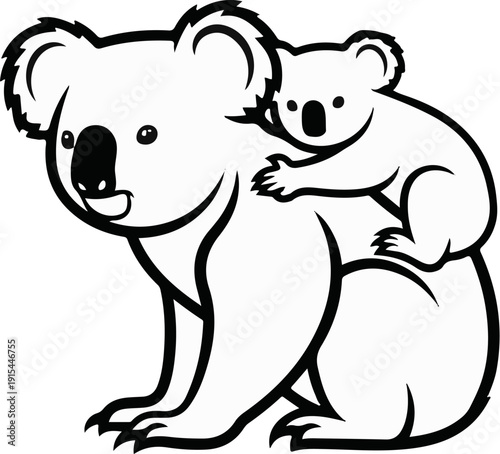 A parent koala carries its joey on its back, both with charming smiles