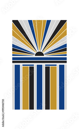 Abstract geometric design with radiant sunburst and vertical lines